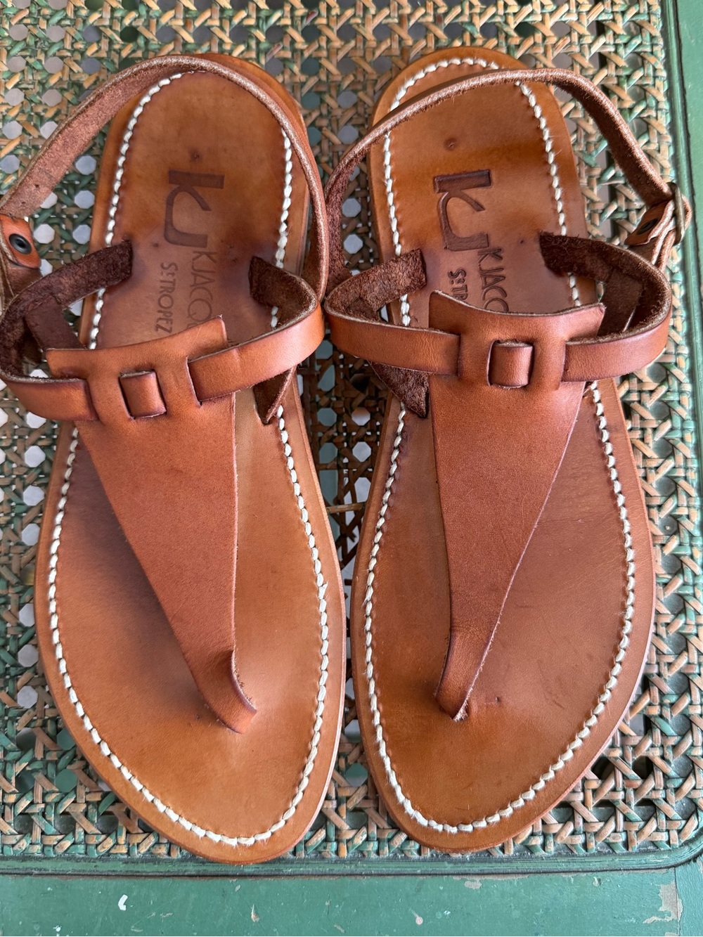 K.Jacques Tan Leather Thong Sandals with Ankle Strap
